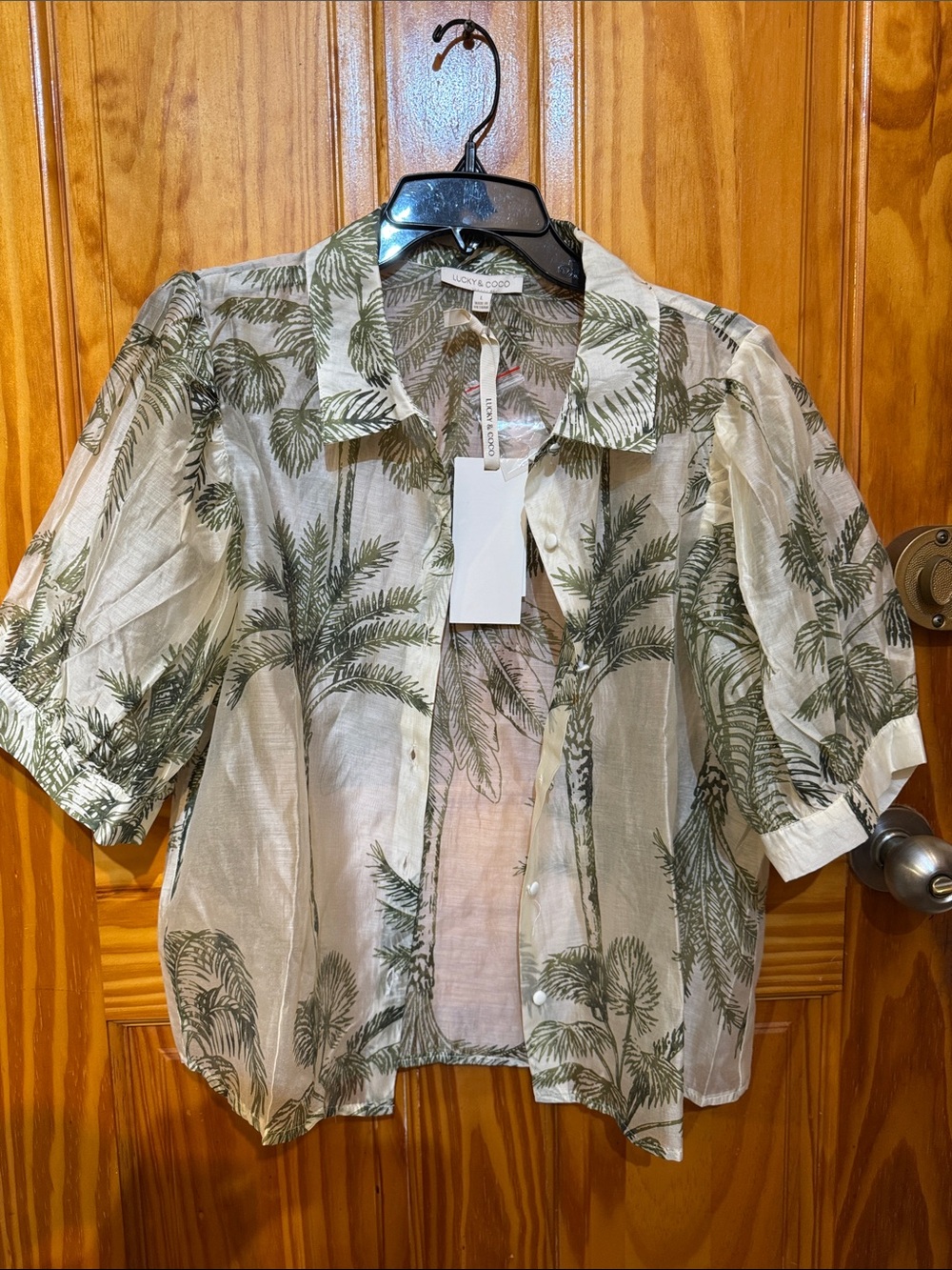 Lightweight Sheer Palm-Print Button-Front Top - Olive on Ivory